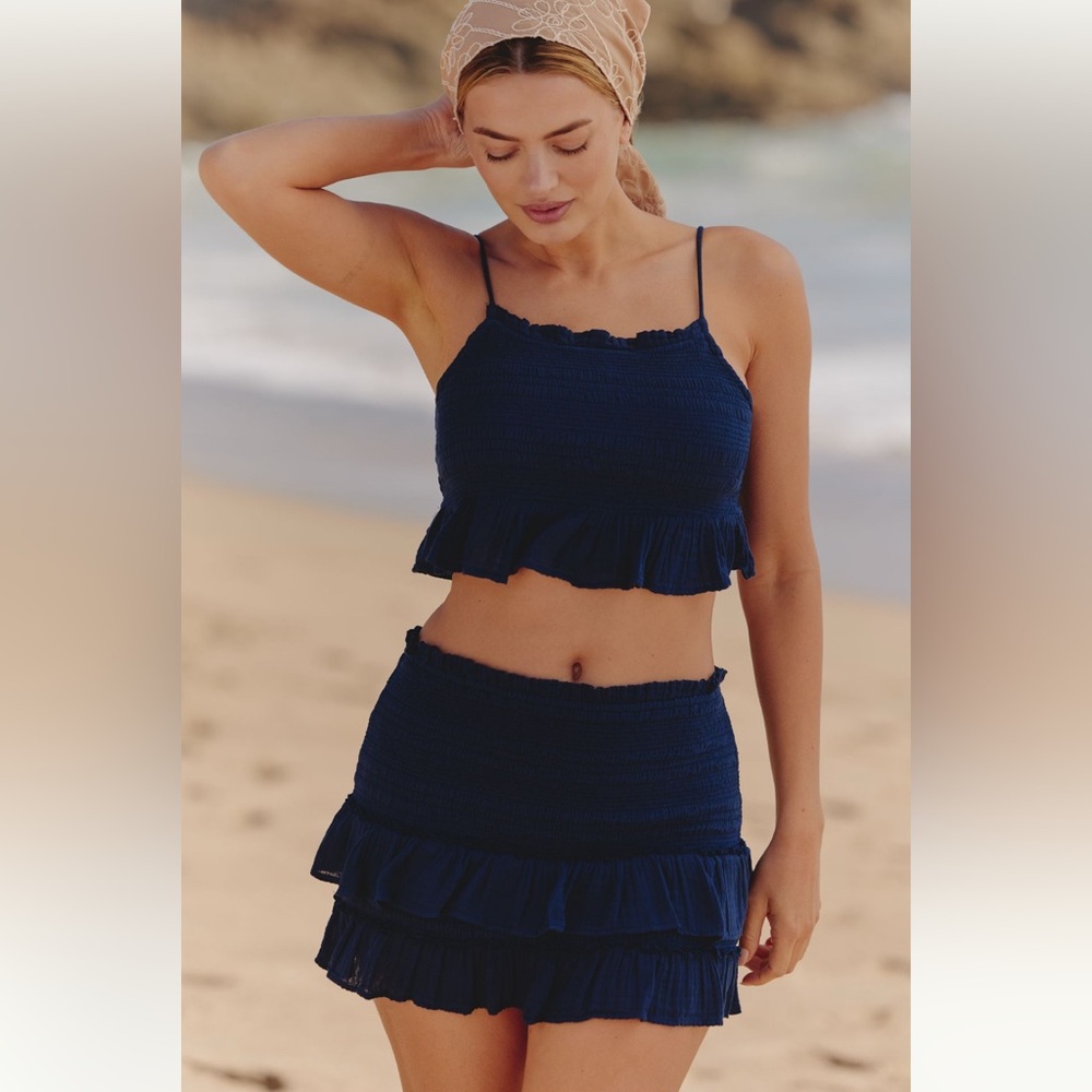 Anthropologie Celandine Gauze Skirt Set Navy Small NWT Resort Chic Ruffled HTF